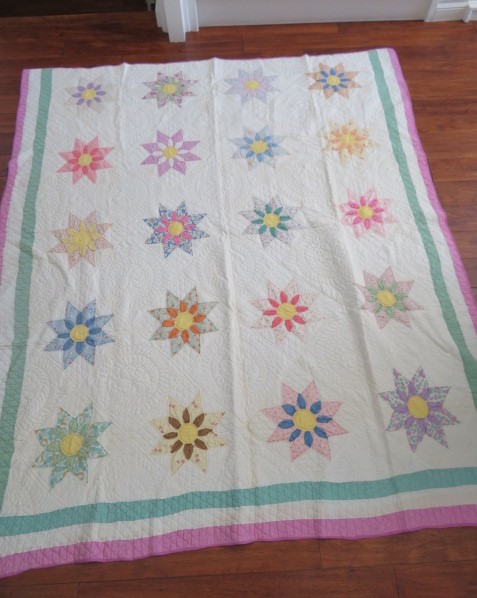 BEAUTIFUL Old Antique STAR FLOWER QUILT Hand Stitched Multi Colors 76 x 86