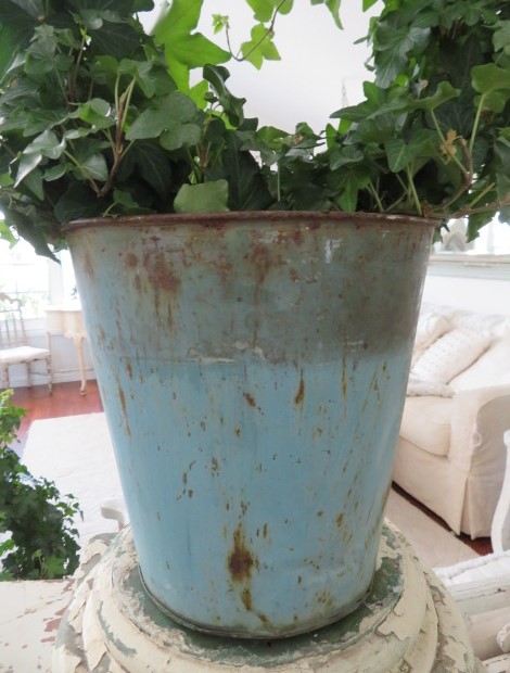 FABULOUS Old Vintage Metal SAP BUCKET Old Aqua Blue Paint with Patina